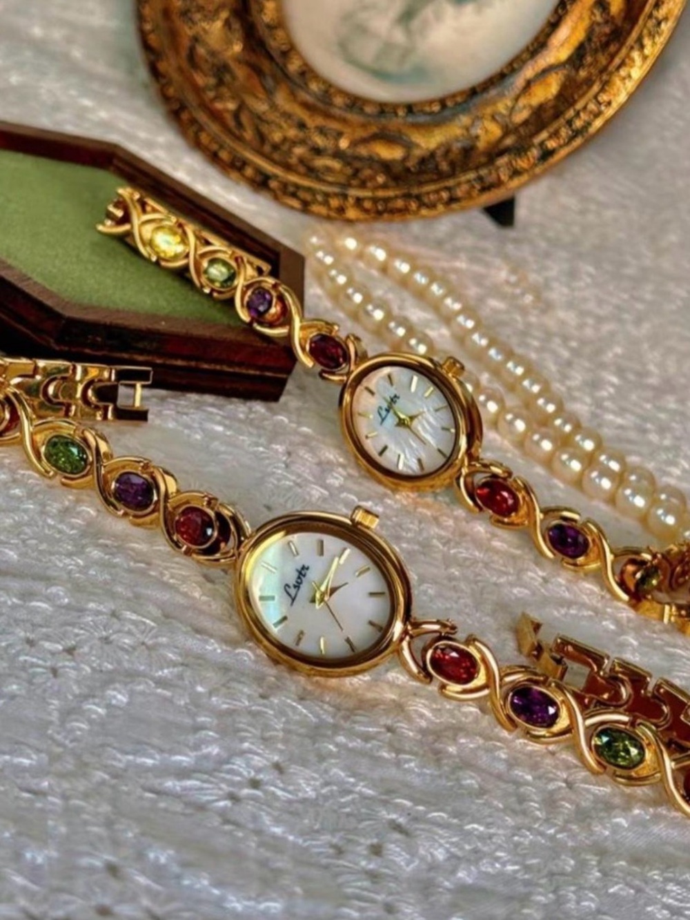 Gold-Tone Women's Bracelet Watch with Multicolor Gem Accents